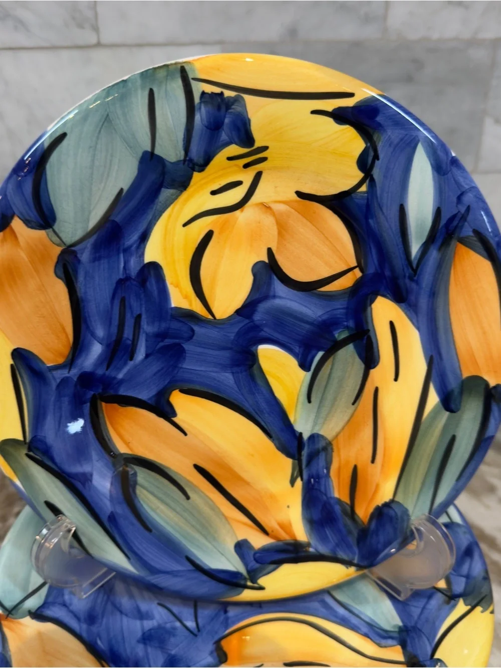 5 Pier 1 Italy Hand Painted 8” Salad Dessert Plates Blue Yellow Set of 5